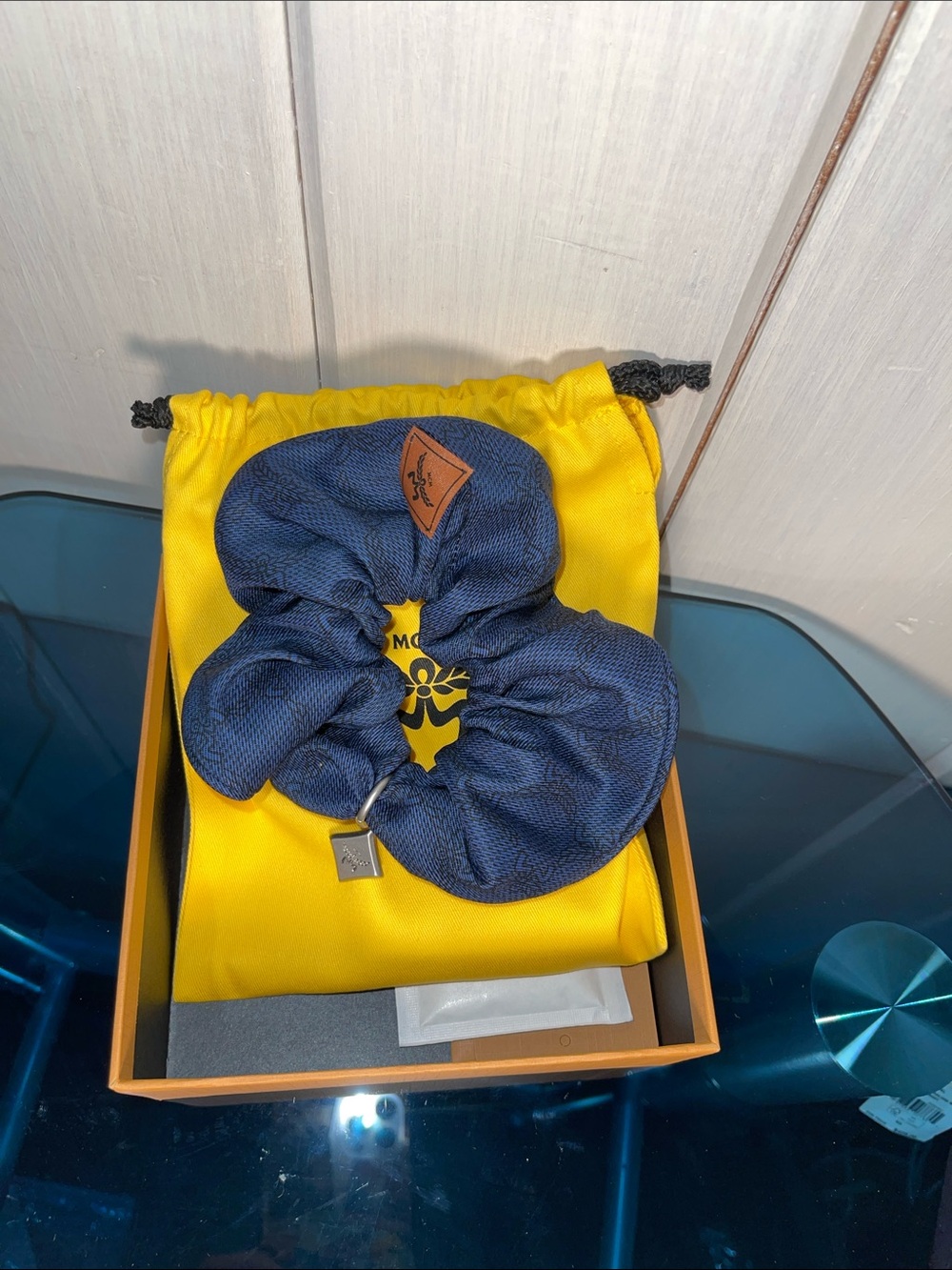 MCM Lauretos Monogram Scrunchie in Cotton and Silk Navy Blazer Blue NWT - Picture 3 of 5
